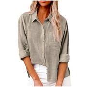 Knosfe Womens Fashion Tops Clearance Cotton Linen Button Down Shirts for Women Business Casual Roll Up Long Sleeve Tunic Blouses for Work Loose Ladies Dress Blouses with Pocket Khaki M