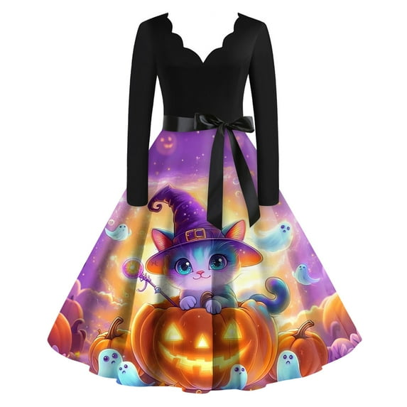 Knosfe Womens Halloween Dress Funny Ghost Bat Swing Party Vintage Dresses Long Sleeve V Neck Evening 1950s A Line Dress with Belt Purple 2XL
