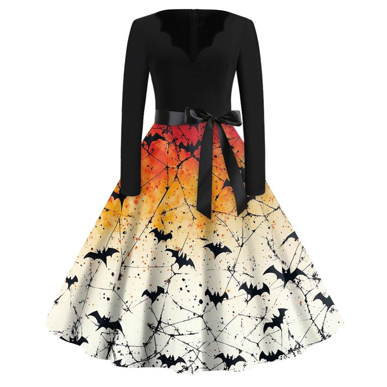 Knosfe Womens Halloween Dress Spooky Ghost Pumpkin Party Retro Cocktail Dresses V Neck Long Sleeve Hepburn Evening 1950s Dress with Belt Yellow 5XL - Walmart.com Knosfe Womens Halloween Dress Spooky Ghost Pumpkin Party Retro Cocktail Dresses V Neck Long Sleeve Hepburn Evening 1950s Dress with Belt Yellow 5XL - Walmart.com