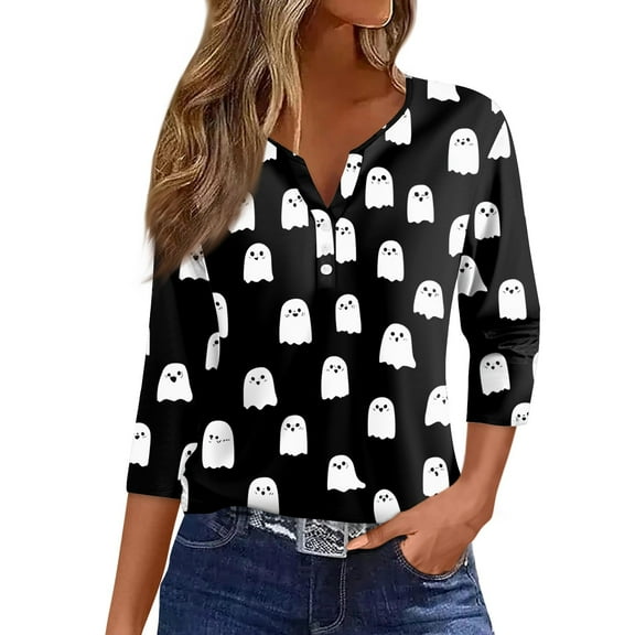 Knosfe Womens Halloween Shirts Plus Size 3/4 Sleeve Spooky Pumpkin Ghost Casual Blouses Button V Neck Horror Bat Spider Fall T-Shirts Black L