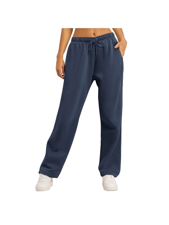 Womens Jogger Sweatpants Petite Drawstring Running Cute Sweatpants for Women Straight Leg Trendy Wide Leg Loose Women s High Waisted Winter with Pockets Fashion Baggy Pants Women Navy XL