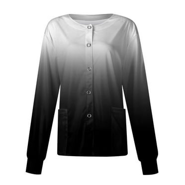 Knosfe Womens Scrub Jacket Long Sleeve Snap Front Solid Color Scrub Tops Warm Up Medical Nurse Working Uniforms Black L