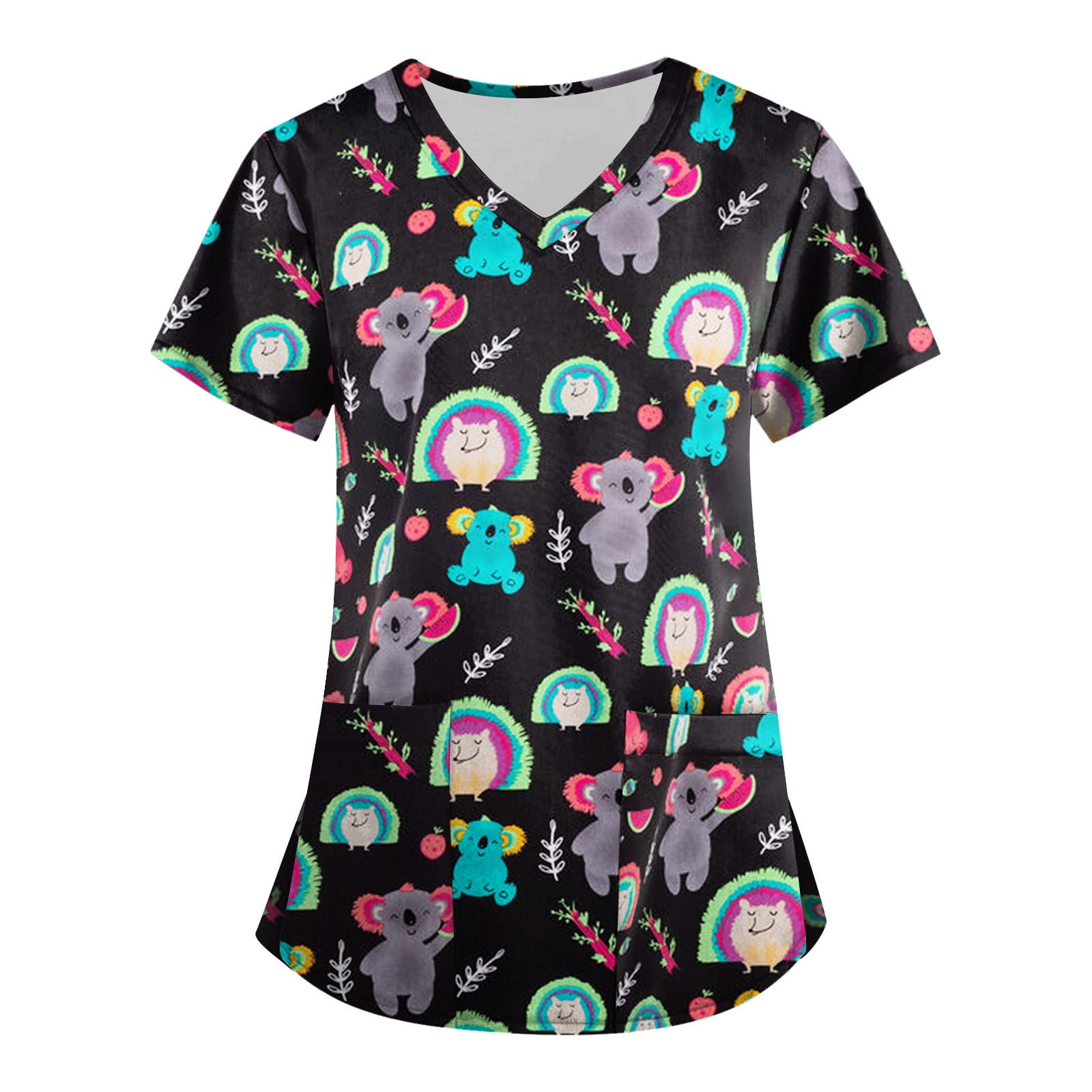 Knosfe Womens Scrubs Sets Clearance with Two Pockets Printed Scrub Tops Cartoon Pattern Short