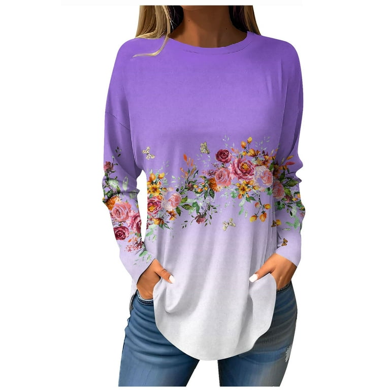 Knosfe Womens Shirts Fall Clothes Long Sleeve Crew Neck Going Out Tops for  Women Plus Sexy Gradient Floral Casual Plus Size Loose Blouses for Women  2023 Trendy Cute Dressy Plus Size Tunics