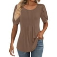 Knosfe Womens Summer Tops Gradient Pleated Shirts Scoop Neck Puff Sleeve Blouses Casual Business