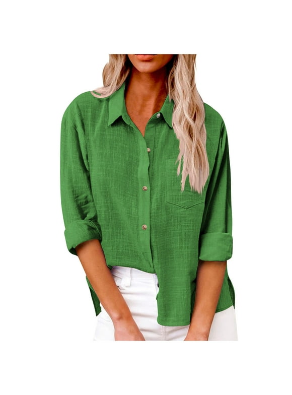 Womens Summer Tops Loose Fit Button Down Loose Casual Shirts for Women Cotton Linen Long Sleeve Ladies Dressy Tunic Tops Roll Up Women's Work Blouses for Office Clearance with Pocket Green 3XL