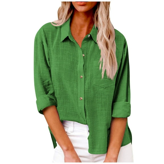 Knosfe Womens Summer Tops Loose Fit Button Down Loose Casual Shirts for Women Cotton Linen Long Sleeve Ladies Dressy Tunic Tops Roll Up Women's Work Blouses for Office Clearance with Pocket Green 3XL