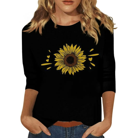 Knosfe Womens Tops 3/4 Sleeve Summer Sunflower Slim Cute Tops Crewneck Slim Fit Half Sleeve Tshirts Shirts Spring Blouse Black S
