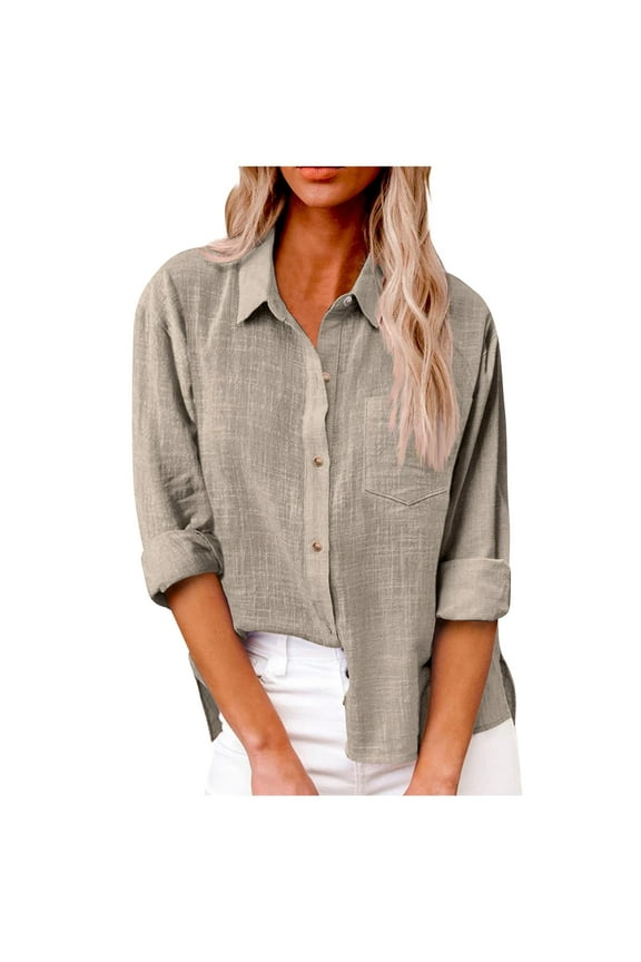 Knosfe Womens Tops Clearance Button Down Loose Womens Dress Shirts Long Sleeve Roll Up Womens Tunic Tops Cotton Linen Ladies Blouses/shirts with Pocket Khaki L
