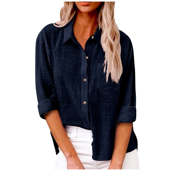 Knosfe Womens Tops for Work Cotton Linen Long Sleeve Women Shirt Roll Up Loose Women's Tunic Tshirts Button Down Business Blouses for Women Clearance with Pocket Navy 3XL