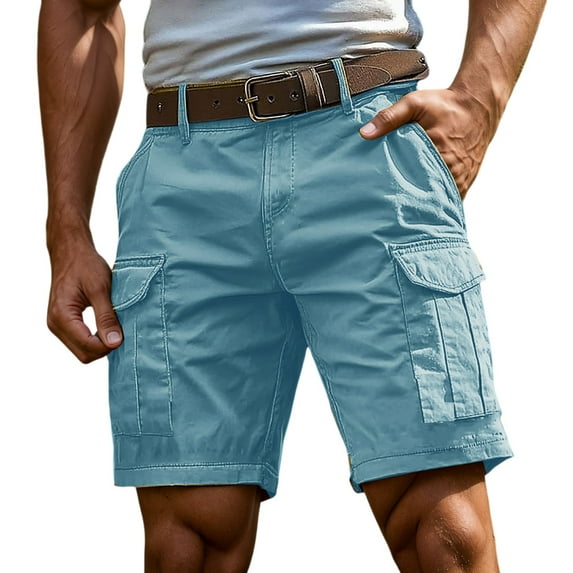 Knosfe Work Cargo Shorts Mens Big Tall Casual Hiking Outdoor Elastic Waist Lightweight Carpenter Pockets No Belt Light Blue L