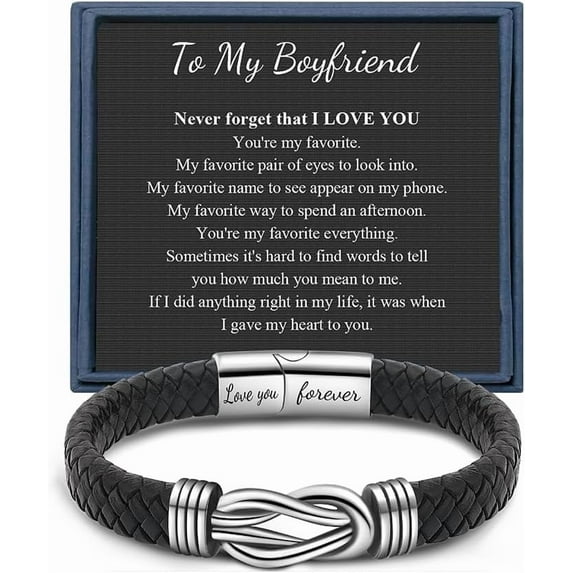 Knot Bracelets Gifts for Man Christmas Valentines day Gifts Black Braided Leather Infinity Bracelets Lettering Love You Forever Gifts for Son Grandson Husband Boyfriend Brother Man