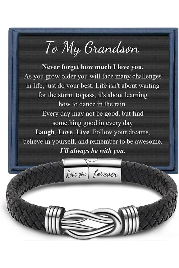 Knot Bracelets Gifts for Man Christmas Valentines day Gifts Black Braided Leather Infinity Bracelets Lettering Love You Forever Gifts for Son Grandson Husband Boyfriend Brother Man