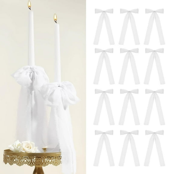 Knot Candlestick Decoration | 12pcs Nylon Spandex Ribbon Bows | White Pink Green | 24x12.5cm | Festive Gift Packaging, Candle Holder, Tree, Fireplace Decor | Holiday Party Accessory