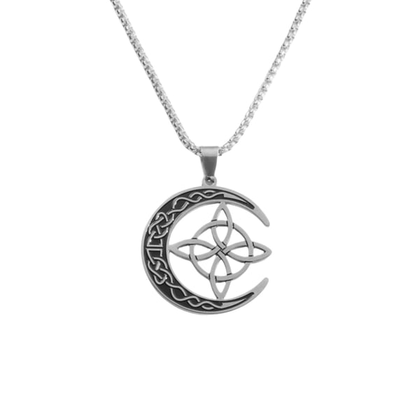 Knot Crescent Moon Steel Pendant Necklace, Celtic Knotwork Jewelry, Unisex Stainless Steel Chain Pendant