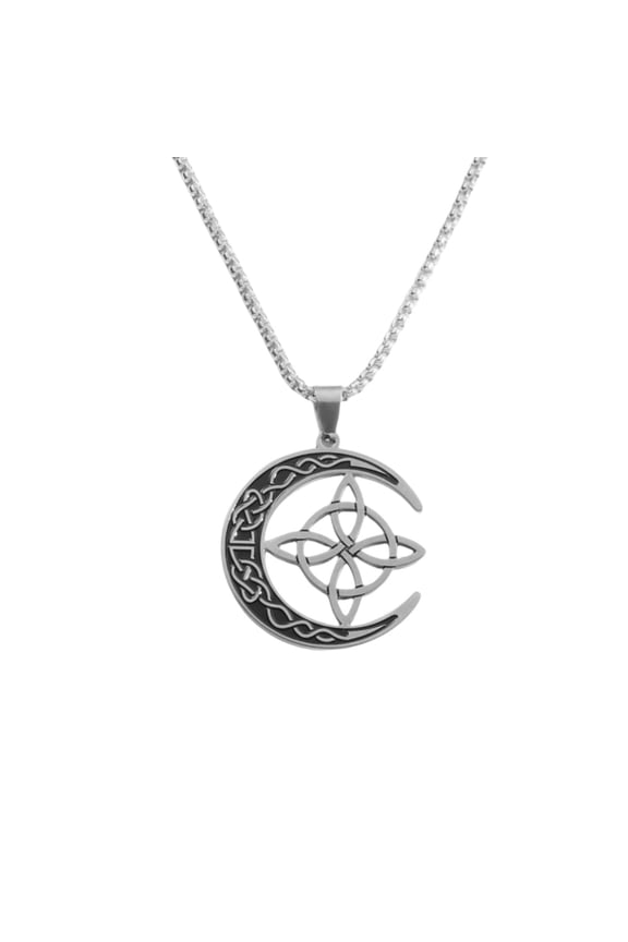 Knot Crescent Moon Steel Pendant Necklace, Celtic Knotwork Jewelry, Unisex Stainless Steel Chain Pendant