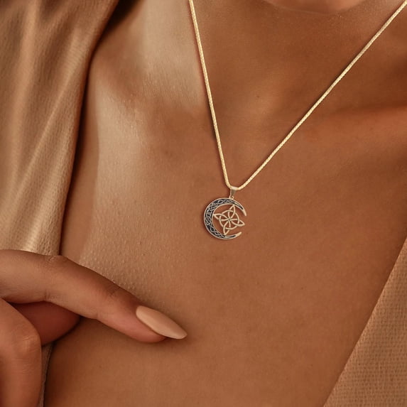 Knot Crescent Moon Steel Pendant Necklace, Celtic Knotwork Jewelry, Unisex Stainless Steel Chain Pendant