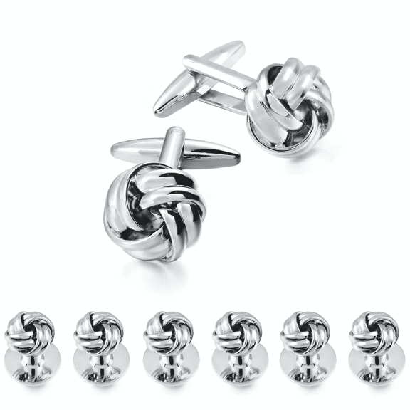 8‑Pack Stainless‑Steel Silver Knot Cufflinks with Shirt Studs Set, Men’s Formal Accessories for Wedding & Prom Tuxedo