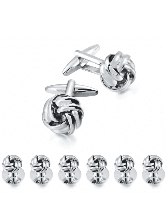 8‑Pack Stainless‑Steel Silver Knot Cufflinks with Shirt Studs Set, Men’s Formal Accessories for Wedding & Prom Tuxedo