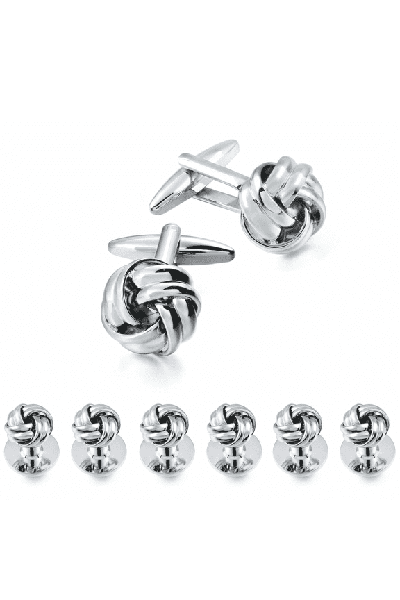 Knot Cufflinks and Shirt Studs for Men in Gold or Silver Tone, Matching with White and Black Tuxedo, Suitable for Wedding Day or Formal Occasion.