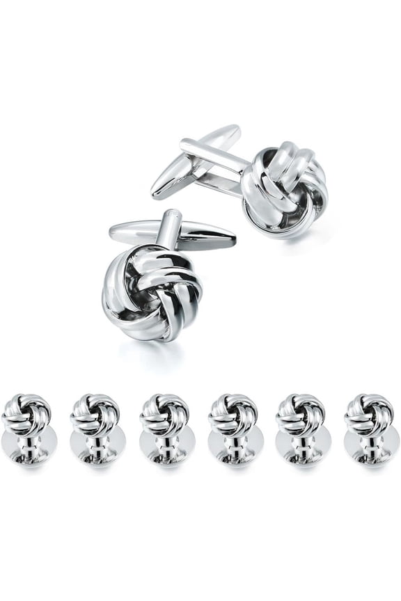 Knot Cufflinks and Shirt Studs for Men in Gold or Silver Tone, Matching with White and Black Tuxedo, Suitable for Wedding Day or Formal Occasion.