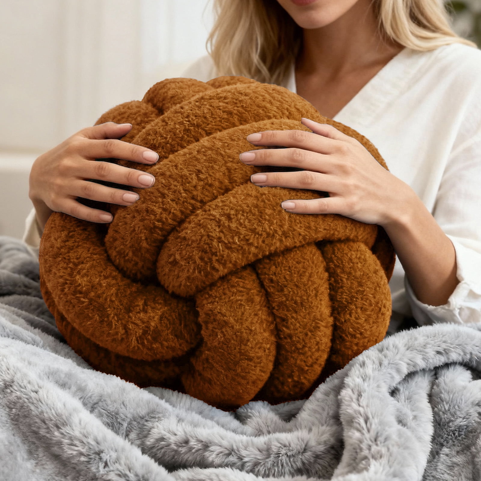 Knot Pillow Ball Plush - Decorative Throw Pillows for Bed Stress Relief, Round Knot Cushion for Sofa Decor Pet Toy, Brown 12 Inch