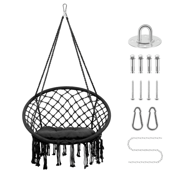 Knot style Hammock Chair, 330 lbs Capacity Steel Frame, Black Tassels Swing with Cushion, Easy Setup for Bedroom, Reading Nooks, Sunrooms