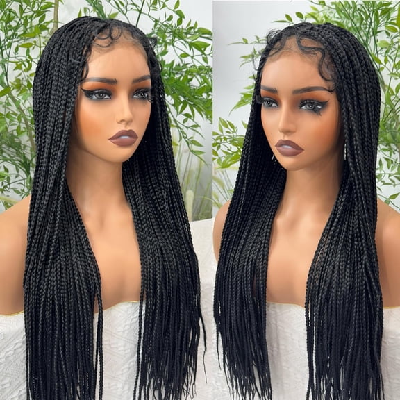Knotless Box Braided Wigs for Black Women Glueless Double Full Lace Front Human Hair Blended Lightweight Hand Braid Wig with Baby Hair (Natural Black, 30 Inch)