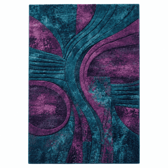 Knots Rugs 100% Wool Hand Knotted Abstract Area Rug, Modern Teal Purple Geometric Flow Design, Medium Pile Carpet for Living Room Bedroom Office, 5x8