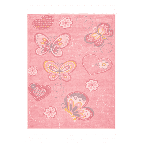 Knots Rugs Kids 100% Wool Hand Knotted Butterfly Hearts Area Rug, Soft Pink Nursery Playroom Carpet, Medium Pile Cute Kids Room Rug, 5x8
