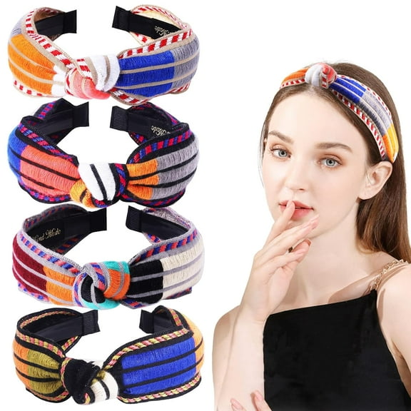 Knotted Boho Headbands for Women Girls, Embroidery Top Knot Wide Head Bands Cute Turban Hair Bands Handmade Hair Accessories for Workout GYM Yoga Party Holiday