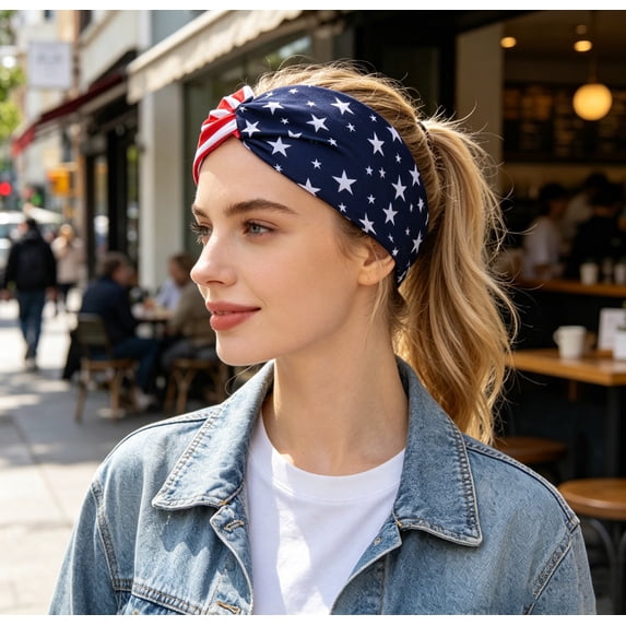 Qjidjing Knotted Headband, Bandana, Patriotic Star Stripe Pattern with Sweat Absorbent Textile, for Daily Running, Yoga Exercise, 4th of July Holiday Gathering