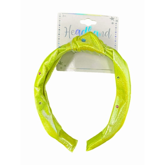 Knotted Headband, Neon Metallic Fabric Covered Plastic Headband with Multi Colored Rhinestones, No Hurt Wide Design, Adds Color, Sparkle, Perfect for Everyday, Dance Teams, Cheerleading, Green
