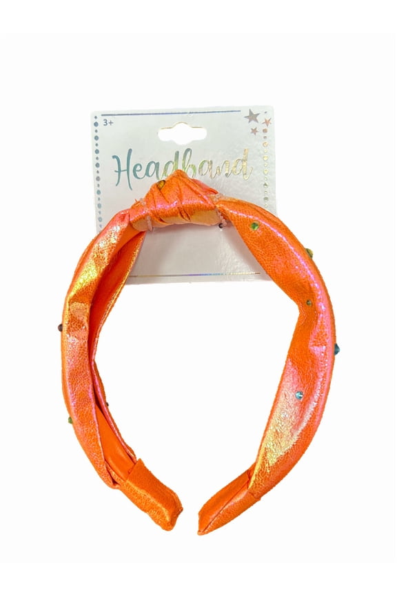 Knotted Headband, Neon Metallic Fabric Covered Plastic Headband with Multi Colored Rhinestones, No Hurt Wide Design, Adds Color, Sparkle, Perfect for Everyday, Dance Teams, Cheerleading, Orange