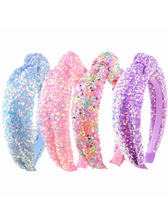 Knotted Headbands for Girls and Women, 4Pcs Glitter Sequins Rainbow Sparkly Top Knot Headbands Set in Pink Blue Purple, Comfortable Hair Accessories for School, Parties, and Daily Outfits
