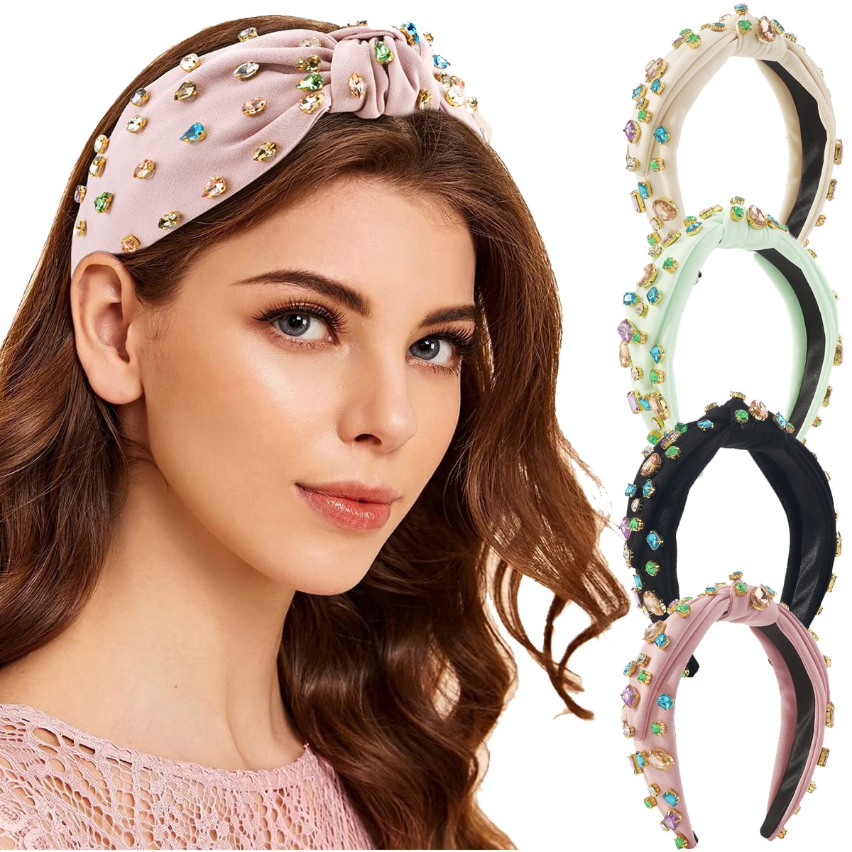 Handmade Jeweled Beaded Embellished Twist Top Wide Headband in Blue/White Handmade Jeweled Headbands | Bejeweled Headbands main image 3
