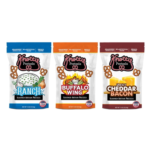 Knotty Pretzels  The Official Pretzel of Beer 7.5 Ounce Pretzel in Resealable Snacks Bags, Flavored Pretzels, Buffalo Wings, Smokey Cheddar Bacon, Ranch - Bold Variety