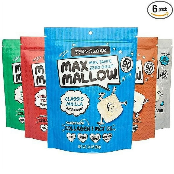 Know Brainer Max Mallow Variety Pack | Guilt-Free & Zero Sugar Marshmallows - Low Carb, Zero Fat, Gluten-Free & Ketogenic | Marshmallow Fueled with Collagen, MCT Oil & Monkfruit | Pack of 6 (20.3oz)