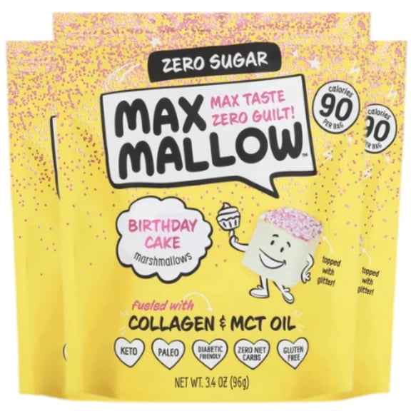 NEW Know Brainer Max Sweets Snacks Low Carb FunFetti Max Mallow marshmallows with glitter- Gluten Free, Soy Free, Zero Sugar snack, Non-GMO 3 pack