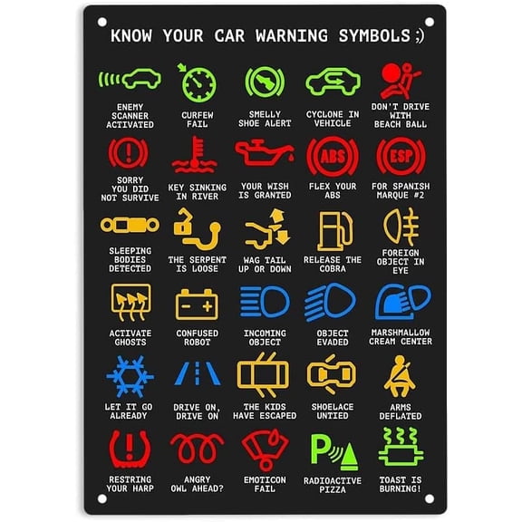 Know Your Car Warning Lights Mechanics Funny Sarcastic Sign Metal Tin Signs, Poster Home Office Restaurants Bedroom Outdoors Man Cave Wall Decor Plaque 12x8 Inch, Multicolor
