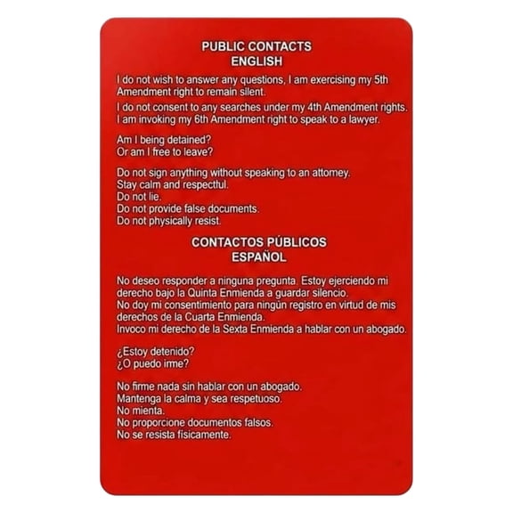 Know Your Rights Cards, English & Spanish, Immigration Red Card Public & Residential Contacts, Pocket-Sized U.S.Citizenship Rights Card Bilingual, Red Card for Immigrants, 6x4 Inch