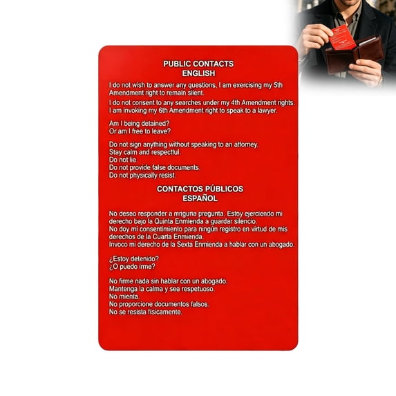 Know Your Rights Red Card Double Sided English Spanish Immigration Guide for Residential Public Encounters Durable Wallet Size 5 Cards Set