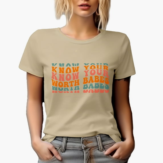 Know Your Worth Babes, Quote About Self-Worth, Groovy Retro Wavy Text Merch Gift, Tan T-Shirt, Small