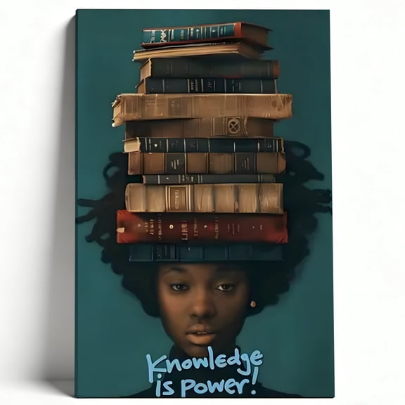 Knowledge Is Power Stacked Books Canvas Wall Art, African American Woman Book Head Decor, Inspirational Literary Artwork For Library, Study, Office, Ready To Hang 24*36inch(60*90cm)
