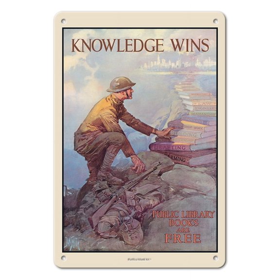 Knowledge Wins - Public Library Books Are Free - Vintage War Poster by Dan Smith c.1916 - 8 x 12 inch Vintage Metal Tin Sign
