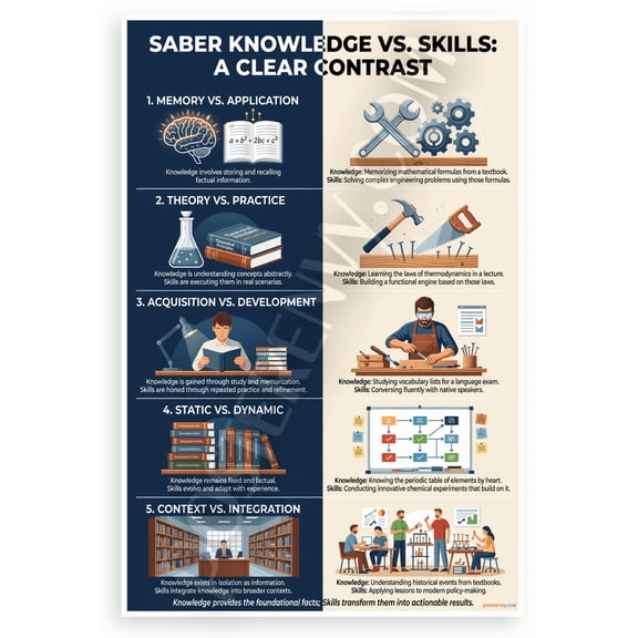 Knowledge vs Skills 5 Contrasts Educational Infographic 12x18 US Made Poster