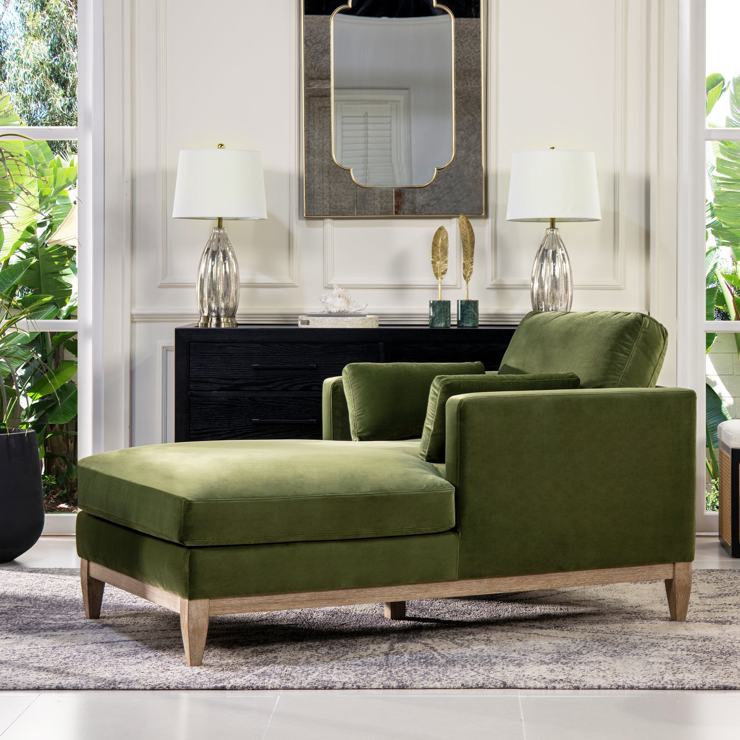 Jennifer Taylor Home Knox 65 Modern Farmhouse Performance Velvet Living Room Chaise Lounge Chair in Olive Green