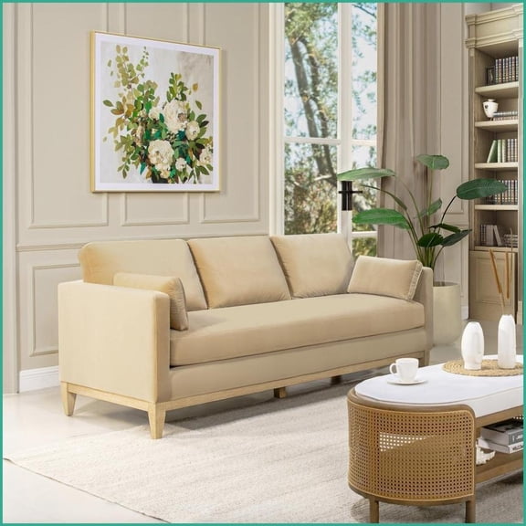 Modern Farmhouse 84 Sofa, Fawn Brown Performance Velvet Cozy Living Room Pick | Brown | Rubber Wood | Square Arms