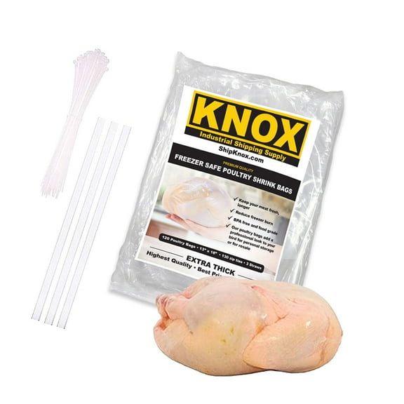 Knox Brand Poultry Shrink Bags 120 Pack, 13" X 18" Bags, Zip Ties and Poly Tube Included, Thick Plastic, BPA Free, For Chickens, Rabbits
