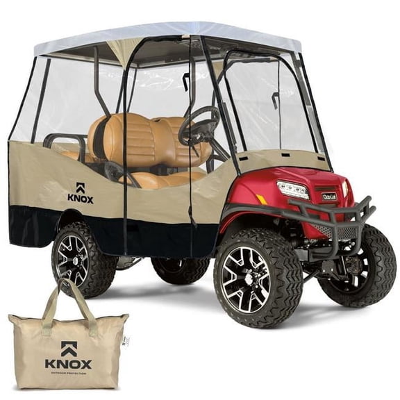 Knox GLF016 4 Person Golf Cart Enclosure, 4 Seater, 600D Transparent Golf Cart Cover Storage Up to 61.5 in. Roof for EZGO TXT-RXV, Yamaha, Club Car DS-Precedent, Evolution, Beige